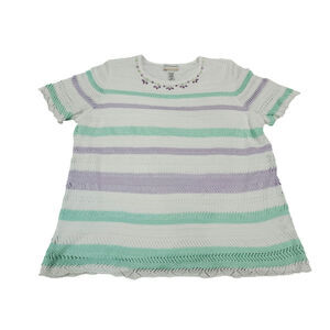 Alfred Dunner Women Short Sleeve  Striped Top Blouse SZ Floral 1X White Crochet